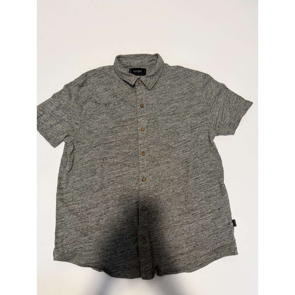 Lucky Brand Men Large Gray Button Up Shirt Casual Preppy Minimalist Cotton Linen